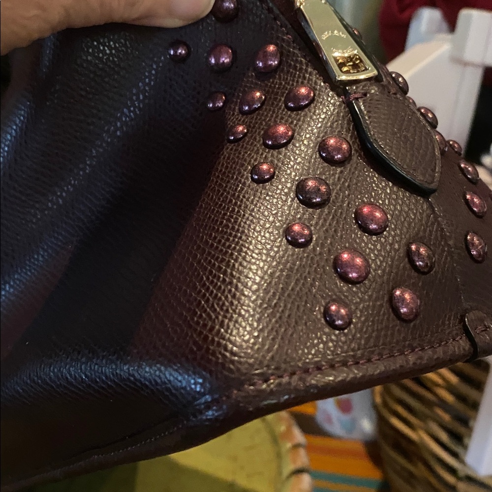 Coach Cora Domed Satchel with Border Studs in Burgundy Crossgrain Leather - Picture 9 of 13